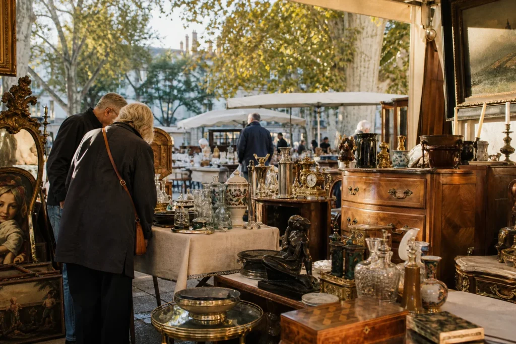 shoppers browsing antique and vintage market stalls at Sotheby’s in Place Charles David, 30400 Villeneuve-lès-Avignon, France