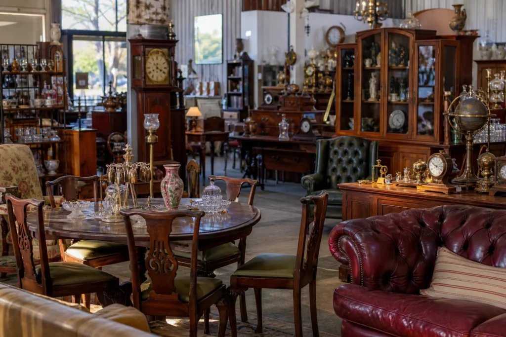 shoppers browsing antique and vintage market stalls at South Perth Antiques and Collectables in Western Australia