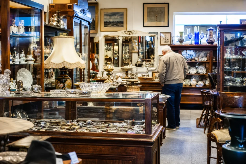 shoppers browsing antique and vintage market stalls at Southside Antiques Centre in Brisbane, Queensland