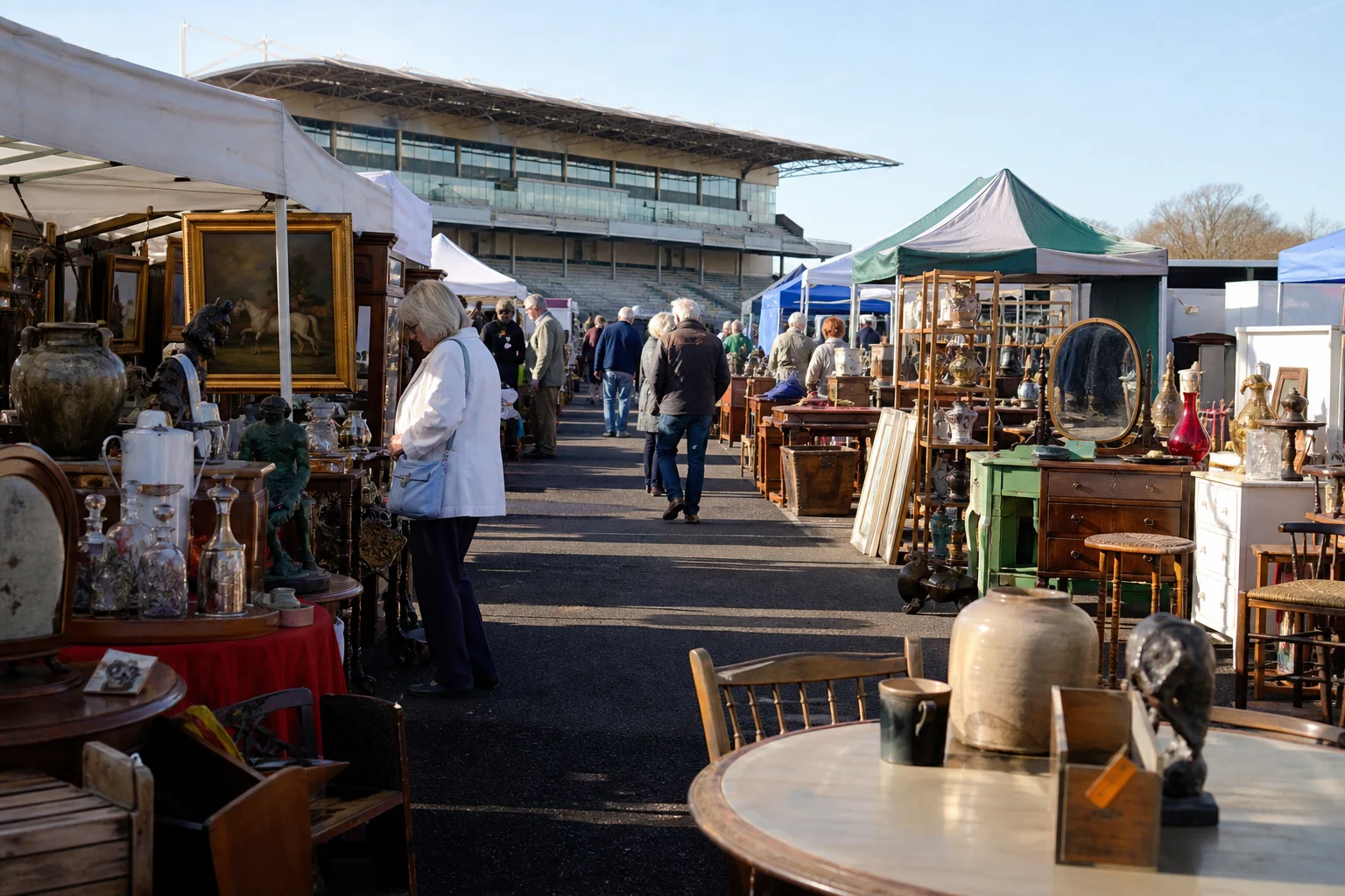 shoppers browsing antique and vintage market stalls at Southwell Racecourse Antiques Market in United Kingdom