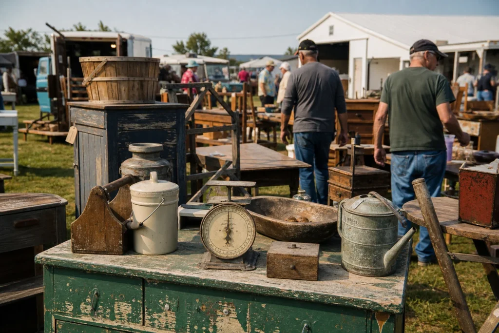 shoppers browsing antique and vintage market stalls at Sparks Kansas Antiques and Collectables Flea Market