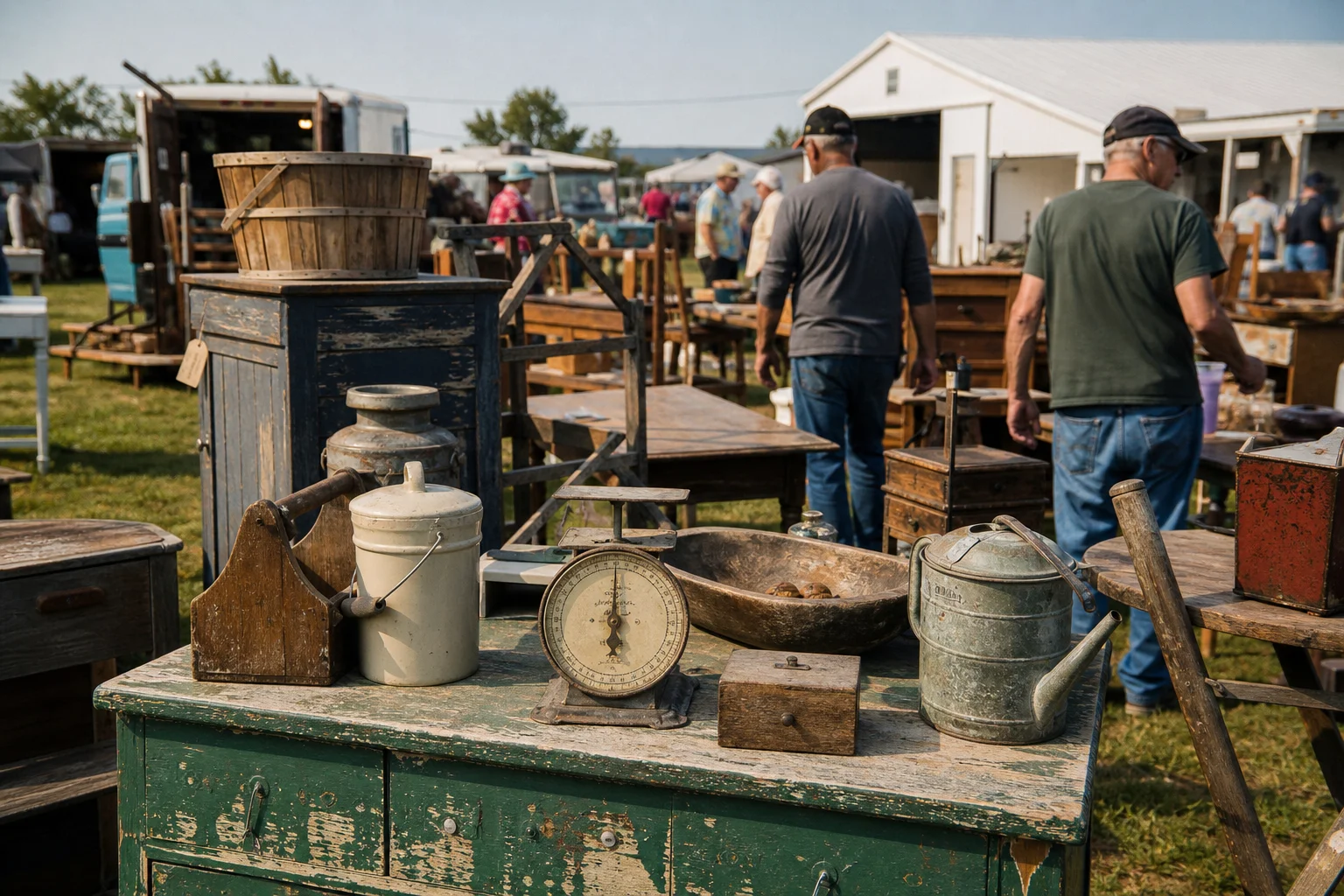 shoppers browsing antique and vintage market stalls at Sparks Kansas Antiques and Collectables Flea Market