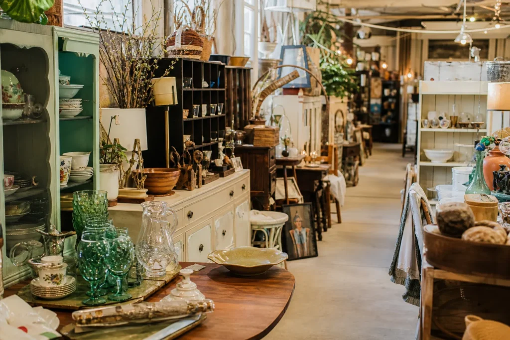 shoppers browsing antique and vintage market stalls at Sparrow in Texas