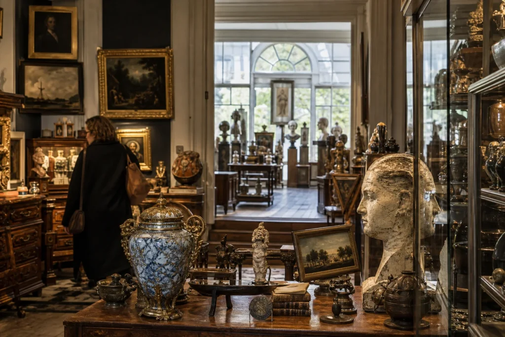 shoppers browsing antique and vintage market stalls at Spiegelkwartier in Amsterdam, Netherlands