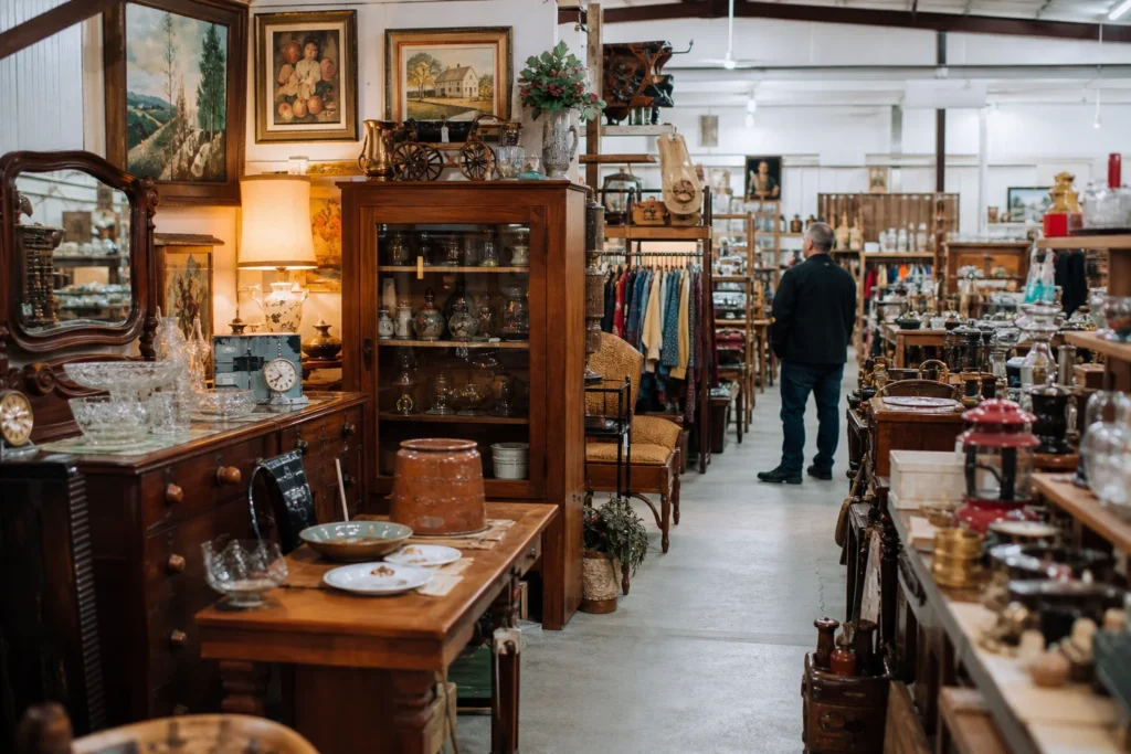 shoppers browsing antique and vintage market stalls at St. Jacobs Market Road Antiques in Canada, Ontario