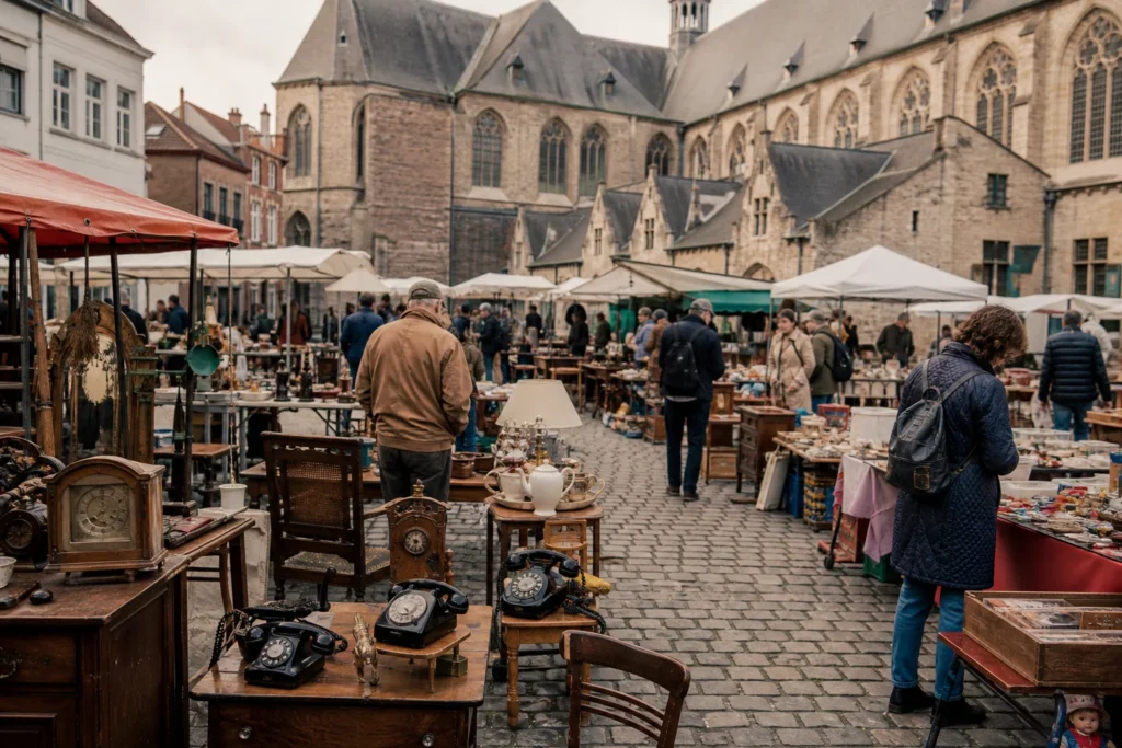 shoppers browsing antique and vintage market stalls at St Jacobs ‘Prondelmarkt’ in Belgium