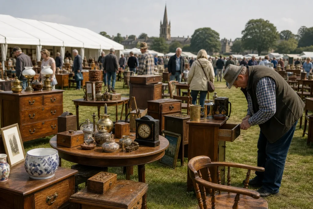 shoppers browsing antique and vintage market stalls at Stamford Meadows in United Kingdom