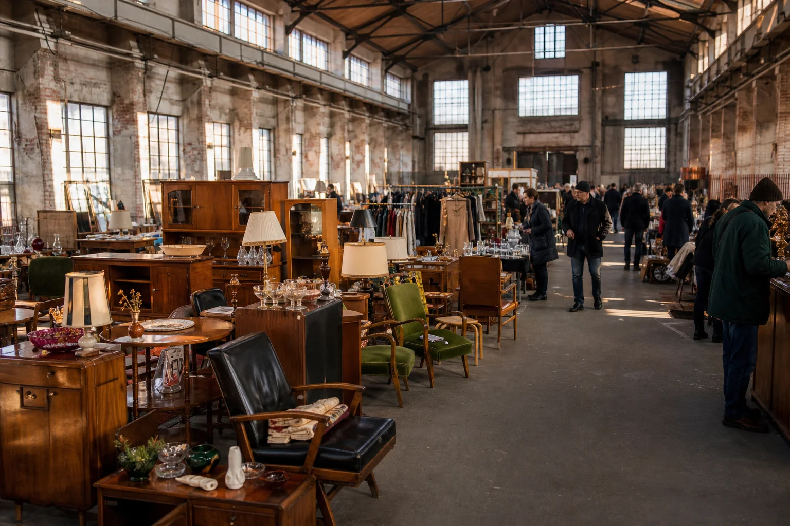 shoppers browsing antique and vintage market stalls at Stara Rzeźnia Antique Market in Poland