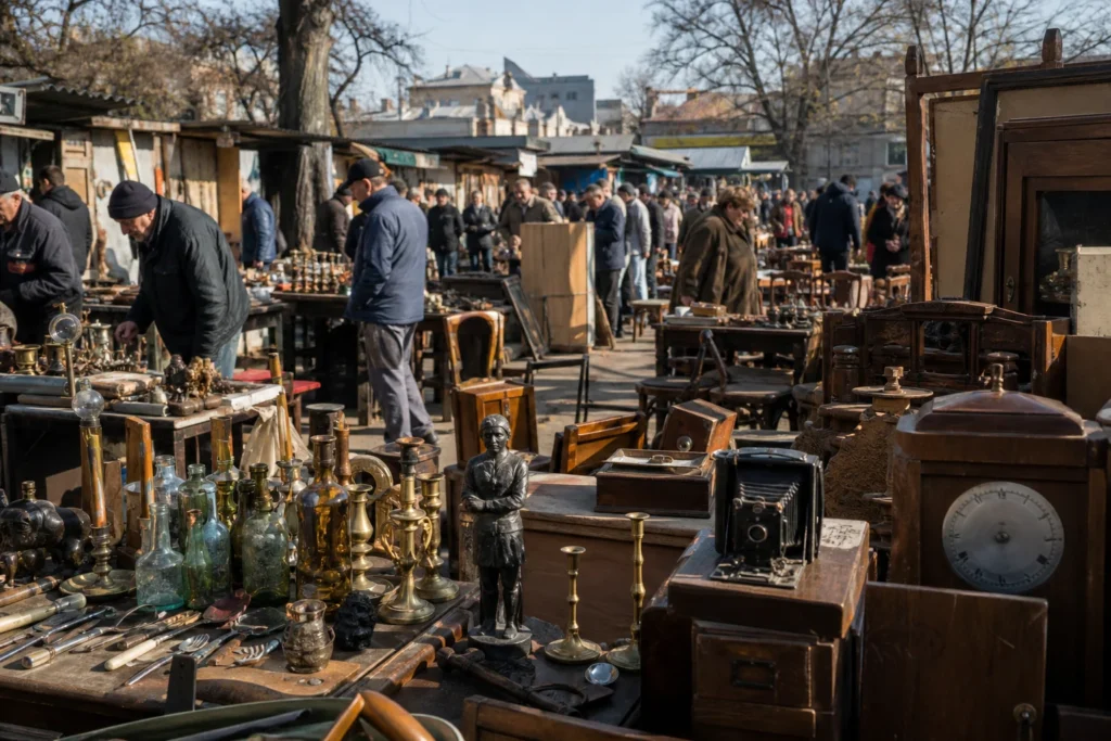 shoppers browsing antique and vintage market stalls at Starokonnyi Rynok Odessa in Ukraine