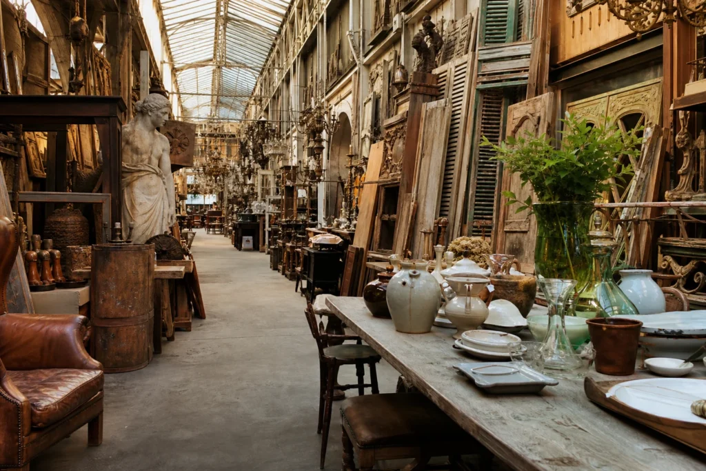 shoppers browsing antique and vintage market stalls at Stef Antiek in Belgium