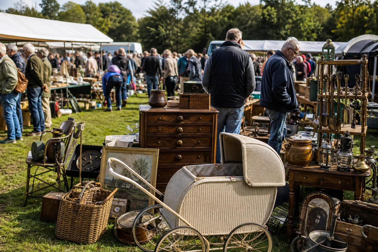 shoppers browsing antique and vintage market stalls at Stichting Vlooienmarkt Bakkeveen in Netherlands