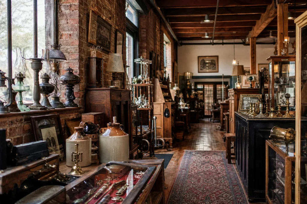 shoppers browsing antique and vintage market stalls at Stillwater Antique District in Minnesota