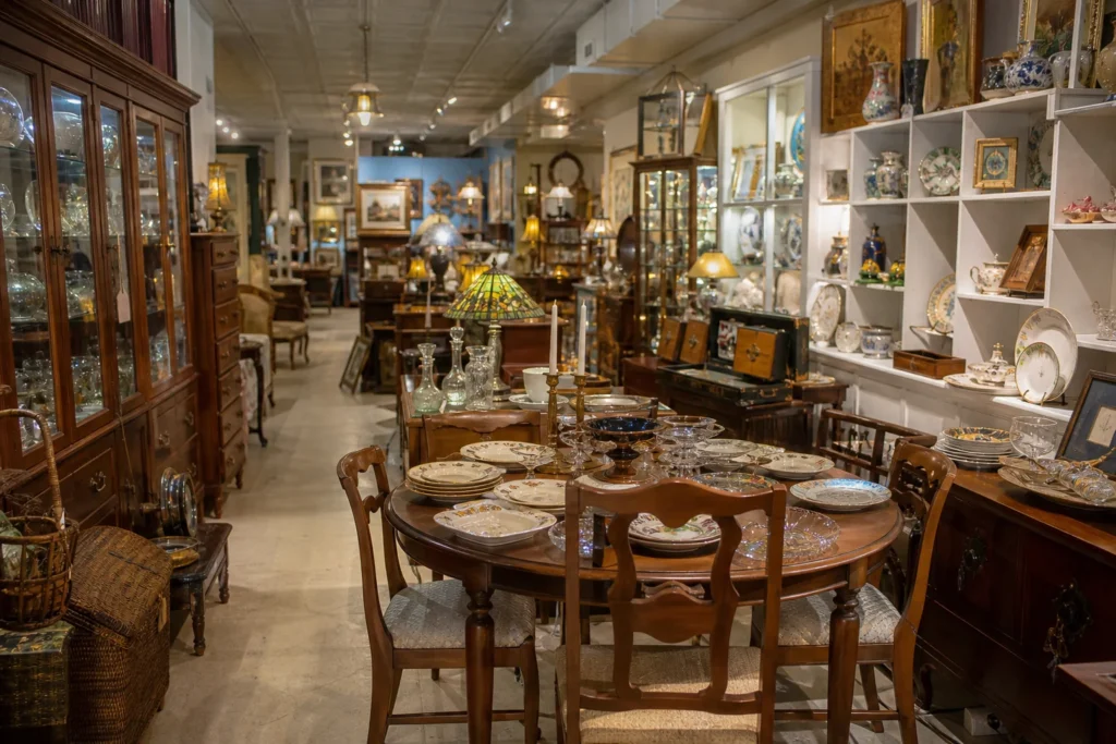 shoppers browsing antique and vintage market stalls at Stone Soup Antiques in New York State