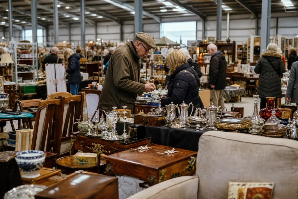 shoppers browsing antique and vintage market stalls at Stoneleigh Park Antiques Market in United Kingdom