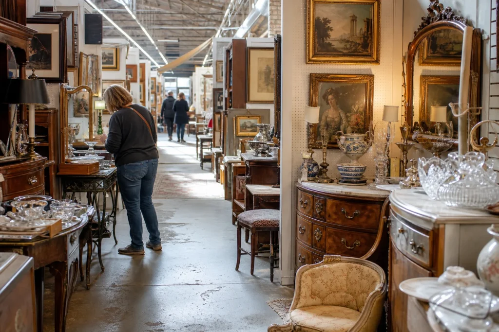 shoppers browsing antique and vintage market stalls at Sturbridge Antique Shops in Massachusetts