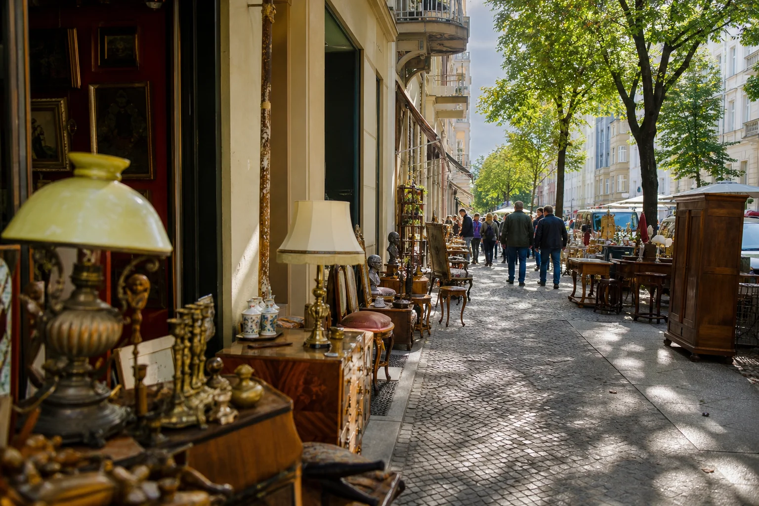 shoppers browsing antique and vintage market stalls at Suarezstrasse – Die Berliner Antikstrasse in Berlin, Germany