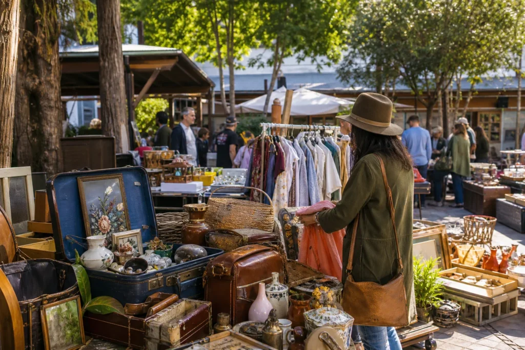 shoppers browsing antique and vintage market stalls at Suitcase Rummage in Brisbane, Queensland