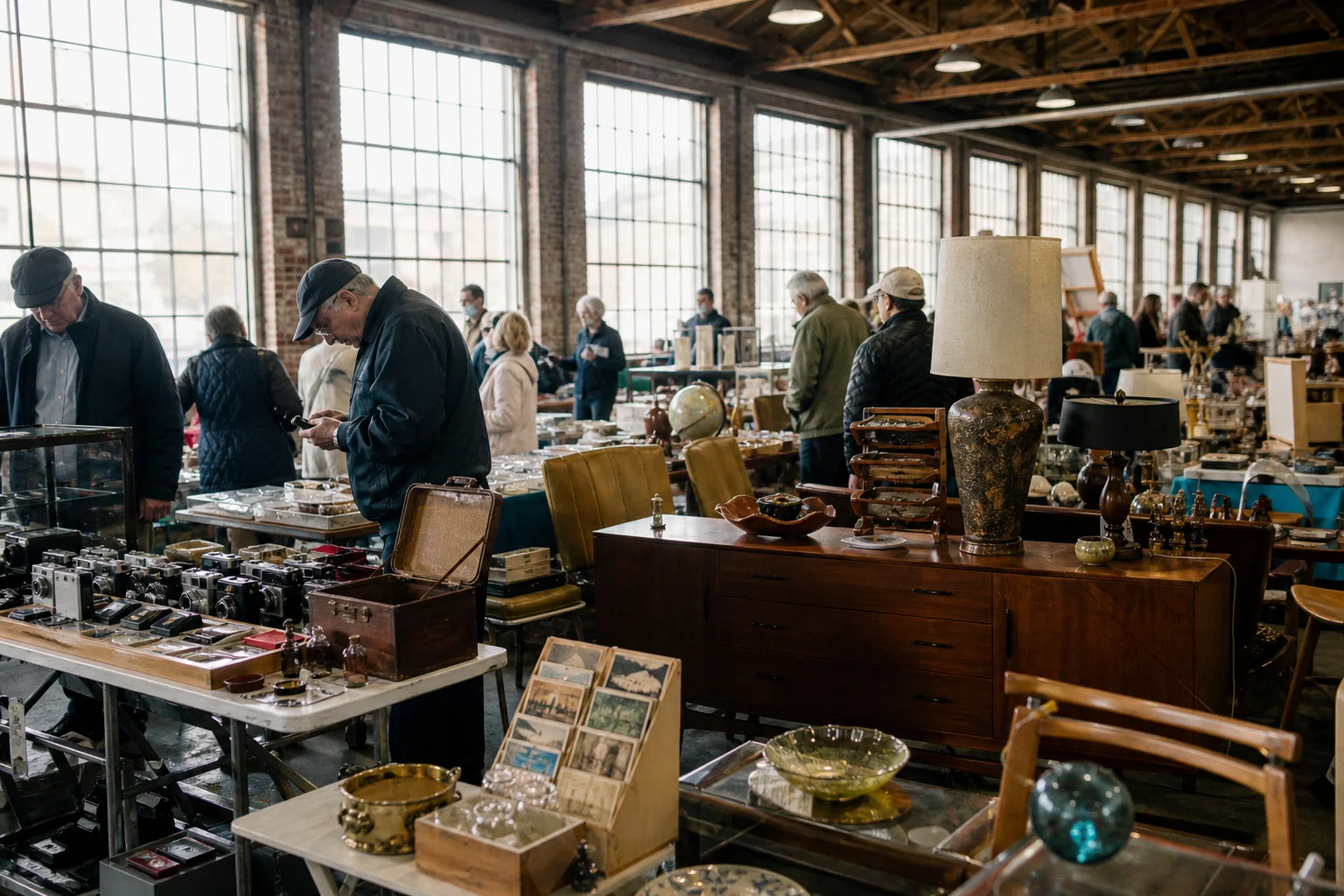 shoppers browsing antique and vintage market stalls at Sunday Antique Market in Canada, Ontario