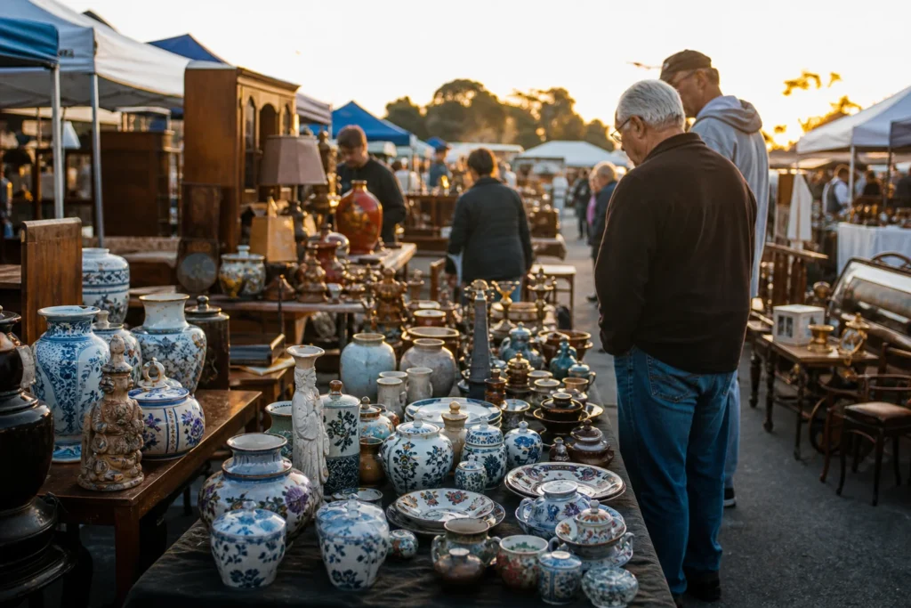 shoppers browsing antique and vintage market stalls at Sunday Discovery Market in Queensland