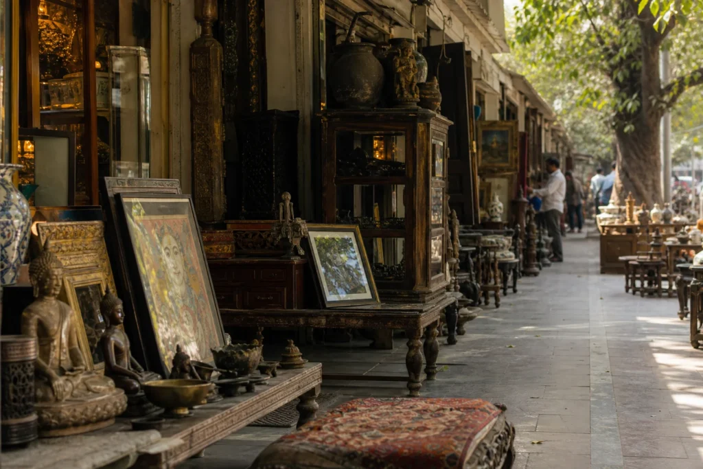 shoppers browsing antique and vintage market stalls at Sunder Nagar Antique Market in India