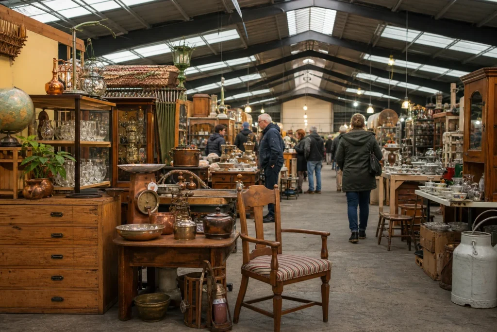 shoppers browsing antique and vintage market stalls at Supervlooi in Netherlands