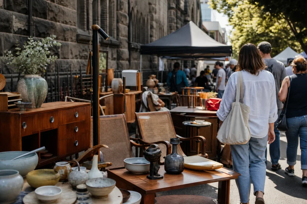 shoppers browsing antique and vintage market stalls at Surry Hills Market in New South Wales, Sydney
