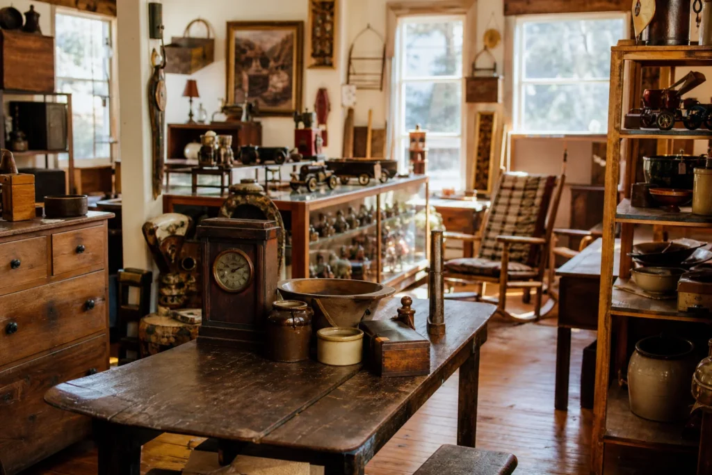 shoppers browsing antique and vintage market stalls at Sutton and Son’s Antiques in North Carolina