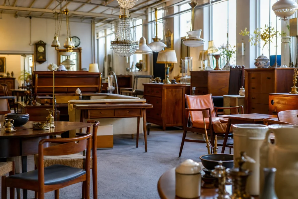 shoppers browsing antique and vintage market stalls at Sweden Antique and Decoration AB