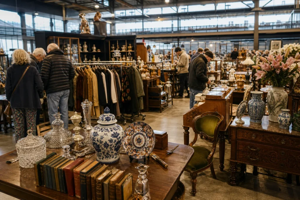 shoppers browsing antique and vintage market stalls at Sydney Antique & Collectors Fairs in New South Wales, Sydney