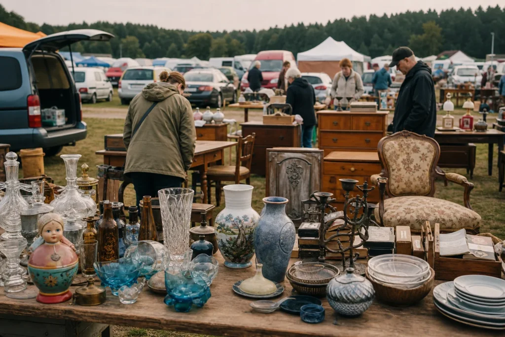 shoppers browsing antique and vintage market stalls at Täby-Loppis in Sweden