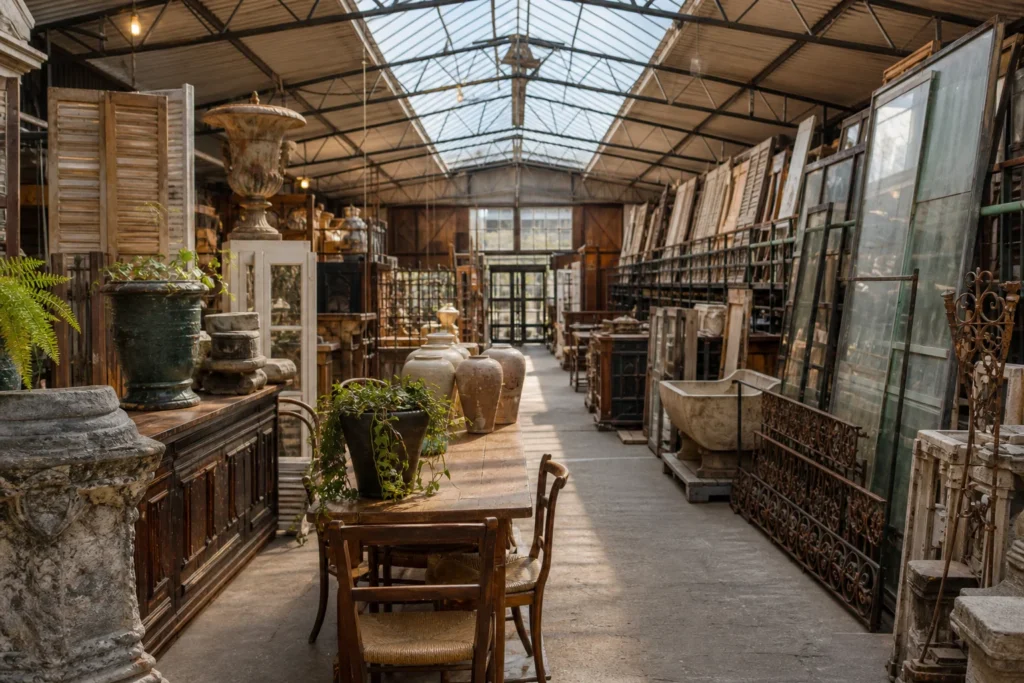 shoppers browsing antique and vintage market stalls at t’Achterhuis in Netherlands