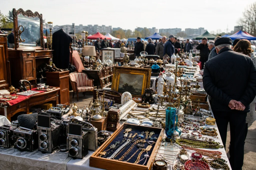 shoppers browsing antique and vintage market stalls at Târgul Vitan in Romania