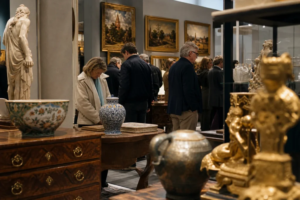 shoppers browsing antique and vintage market stalls at TEFAF Maastricht in Netherlands