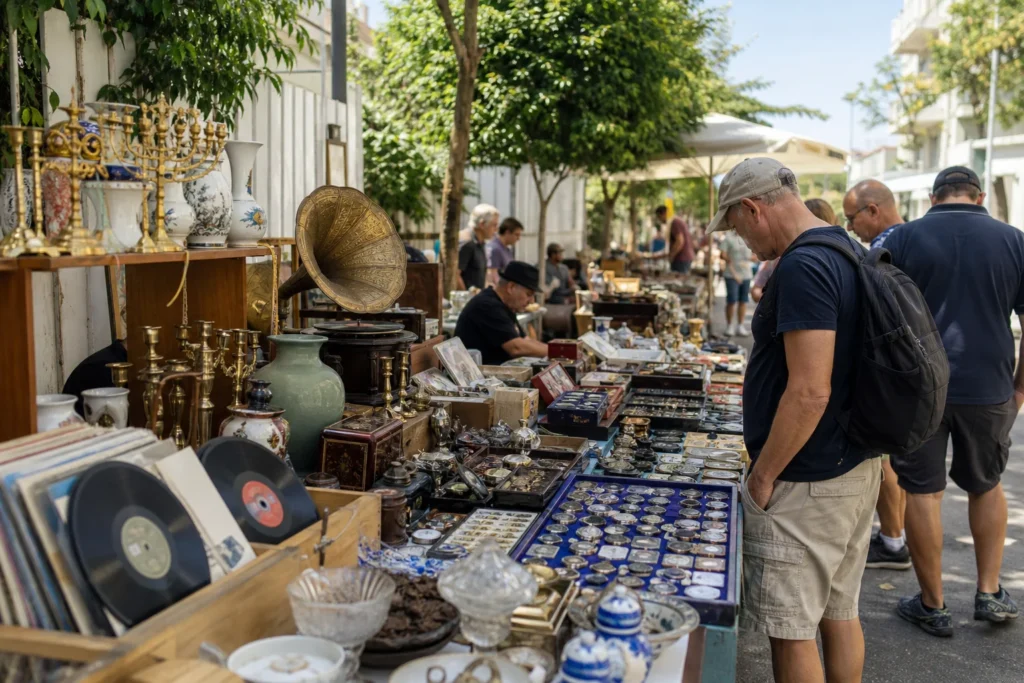 shoppers browsing antique and vintage market stalls at Tel Aviv Antiques Market at Dizengoff in Israel