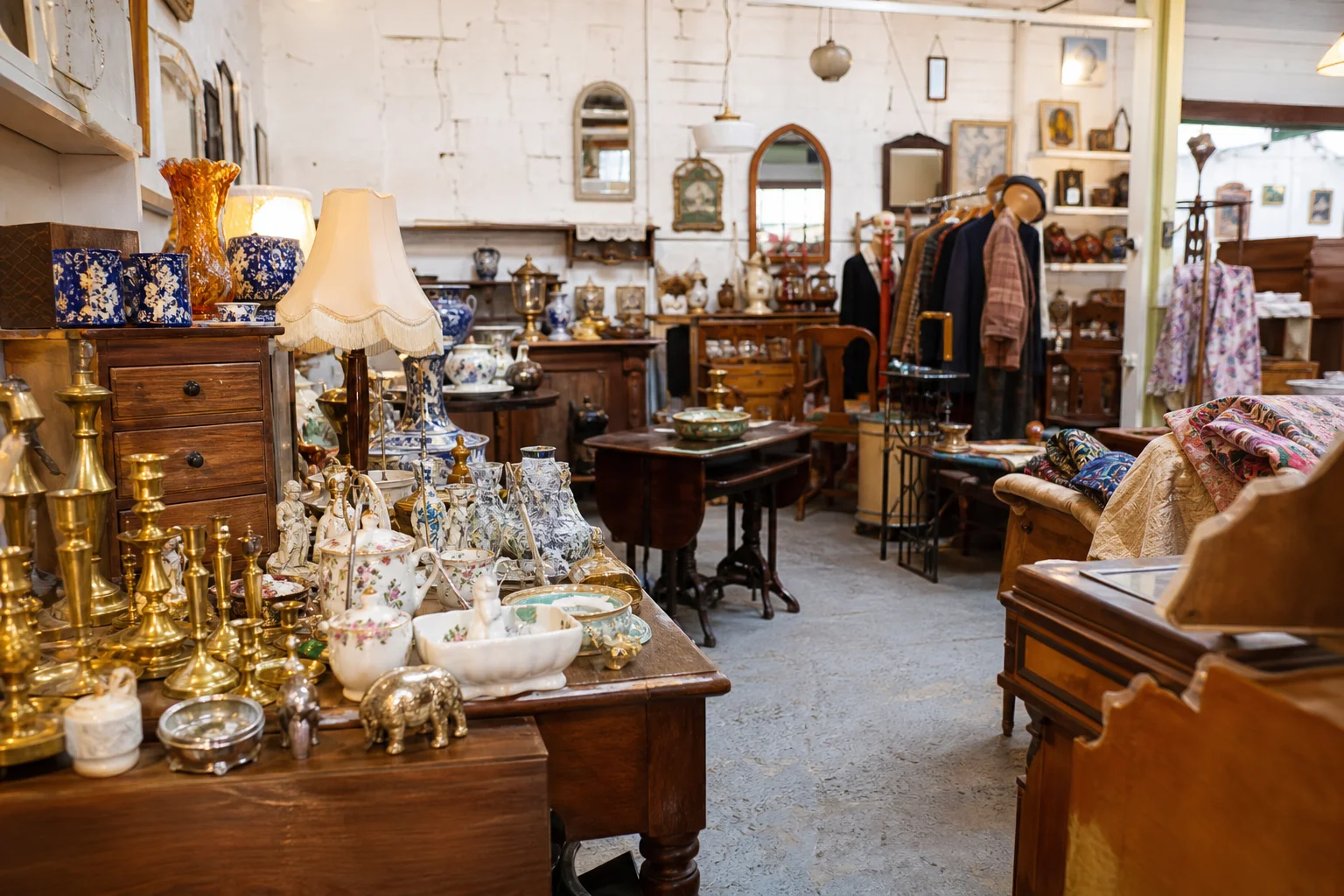 shoppers browsing antique and vintage market stalls at The Alleyways Antiques Center in United Kingdom