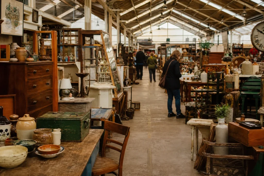 shoppers browsing antique and vintage market stalls at The Amazing Mill Markets in Victoria