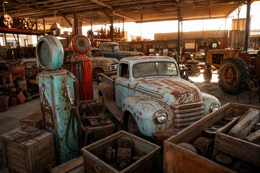 shoppers browsing antique and vintage market stalls at The American Rust Company in Utah
