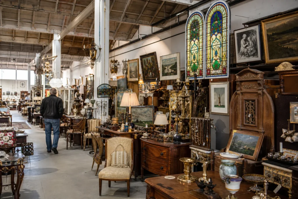 shoppers browsing antique and vintage market stalls at The Antique Company Inc in California