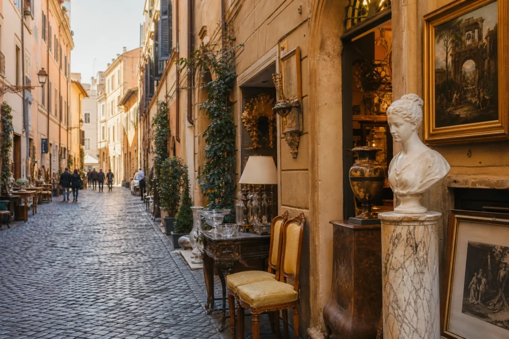 shoppers browsing antique and vintage market stalls at The antique dealers of the Via dei Coronari in Italy, Rome
