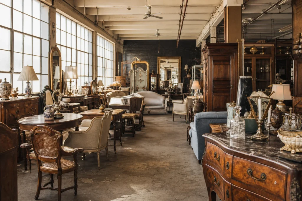 shoppers browsing antique and vintage market stalls at The Antique Warehouse in British Columbia, Canada, Vancouver