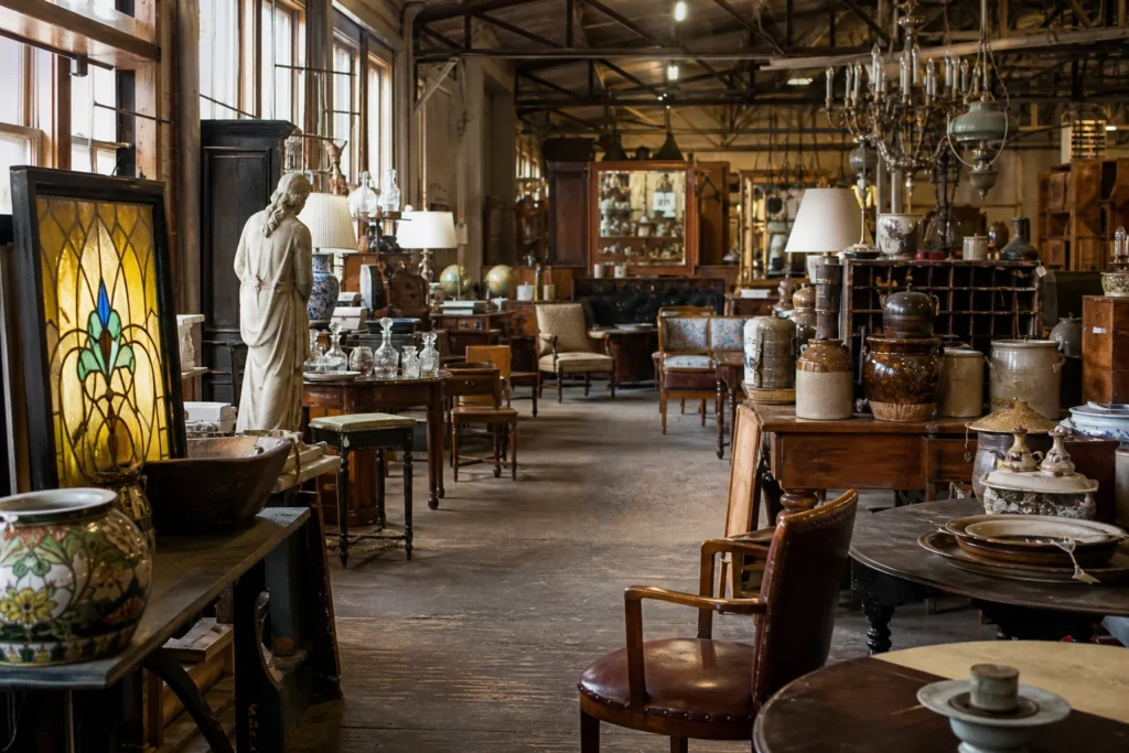 shoppers browsing antique and vintage market stalls at The Antique Warehouse Hudson in New York State
