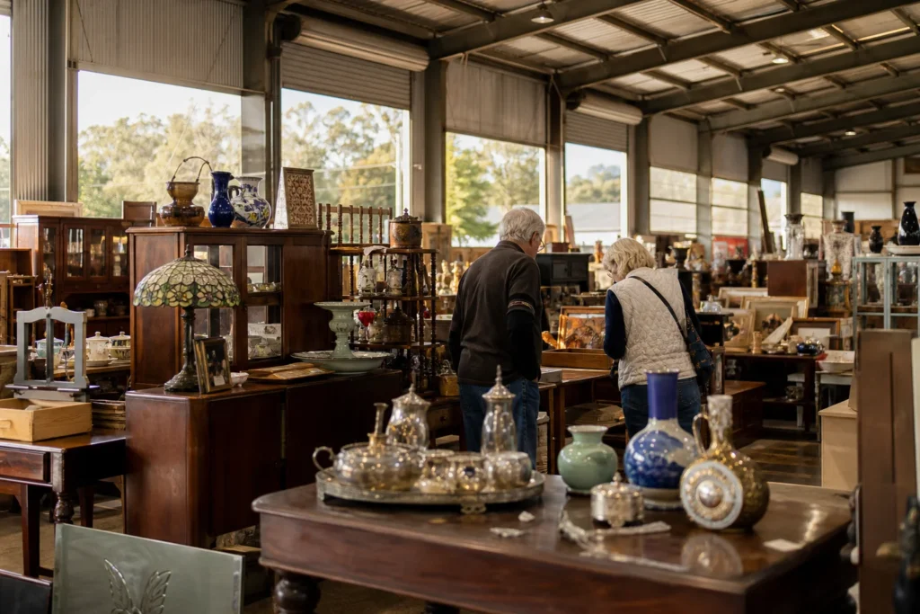 shoppers browsing antique and vintage market stalls at The Auction Barn in New South Wales