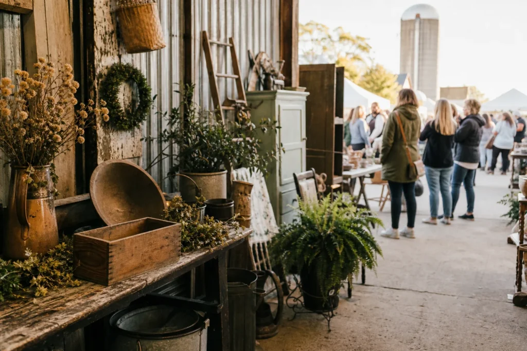 shoppers browsing antique and vintage market stalls at The BARN in Iowa