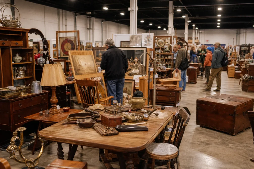 shoppers browsing antique and vintage market stalls at The Big Flea Market in Virginia