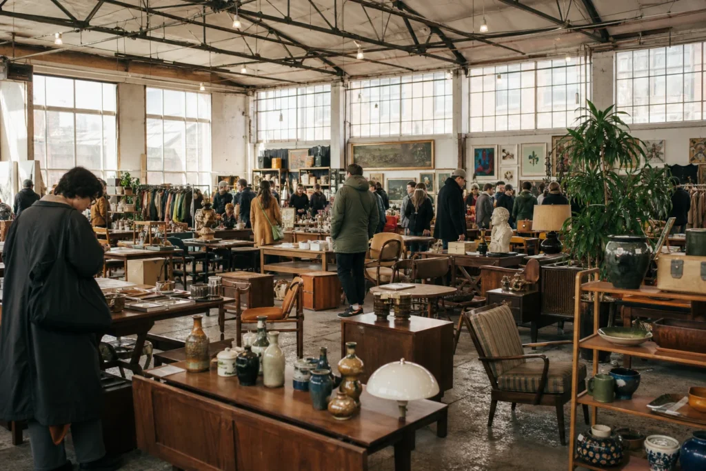 shoppers browsing antique and vintage market stalls at The Big South London Flea Market