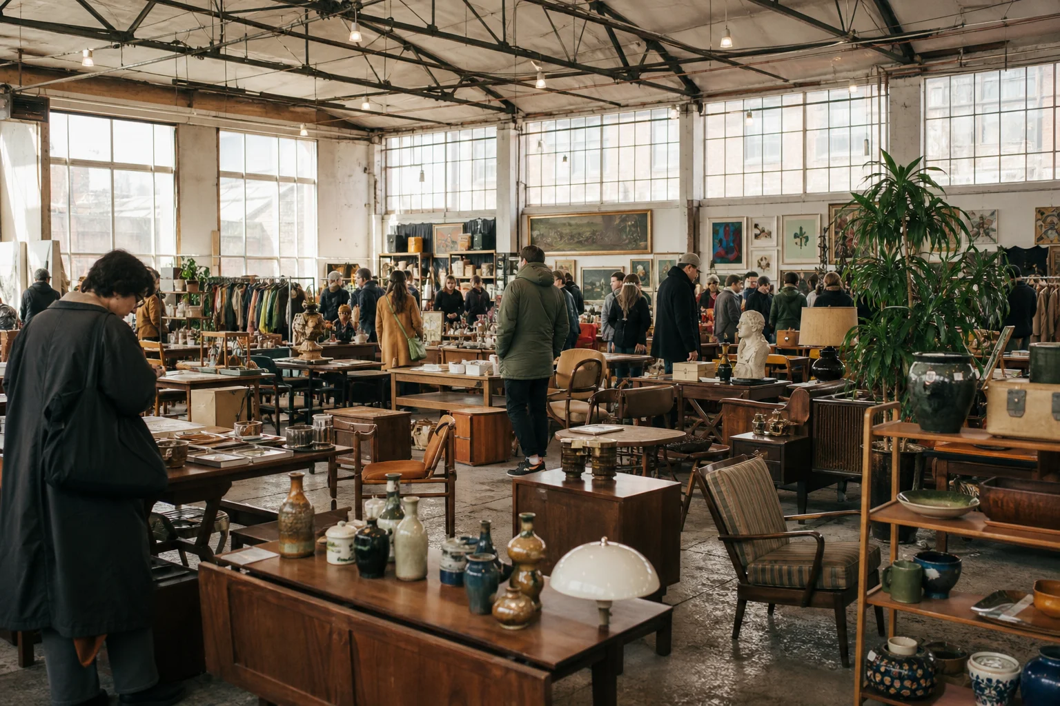 shoppers browsing antique and vintage market stalls at The Big South London Flea Market