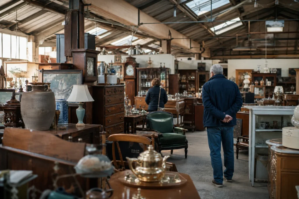 shoppers browsing antique and vintage market stalls at The Bridge House Antiques Market in United Kingdom