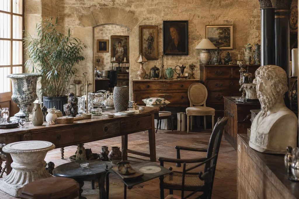 shoppers browsing antique and vintage market stalls at The Bruno Effect in Place Charles David, 30400 Villeneuve-lès-Avignon, France