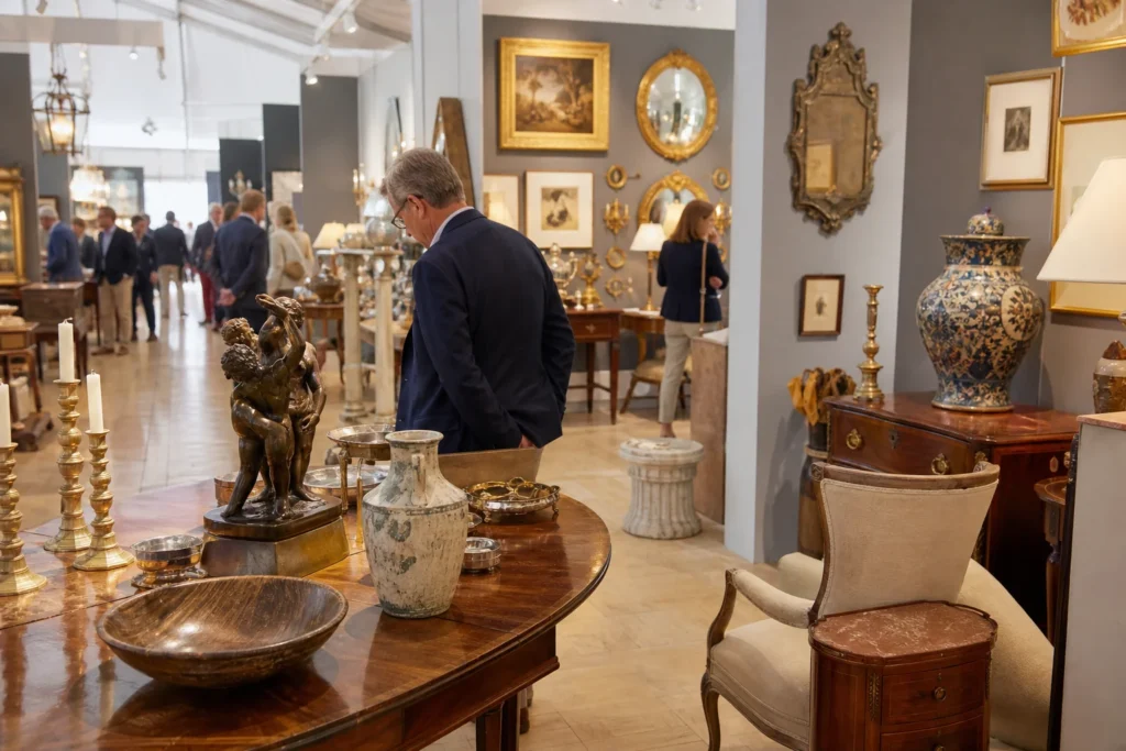 shoppers browsing antique and vintage market stalls at The Chicago Show in Chicago, Illinois