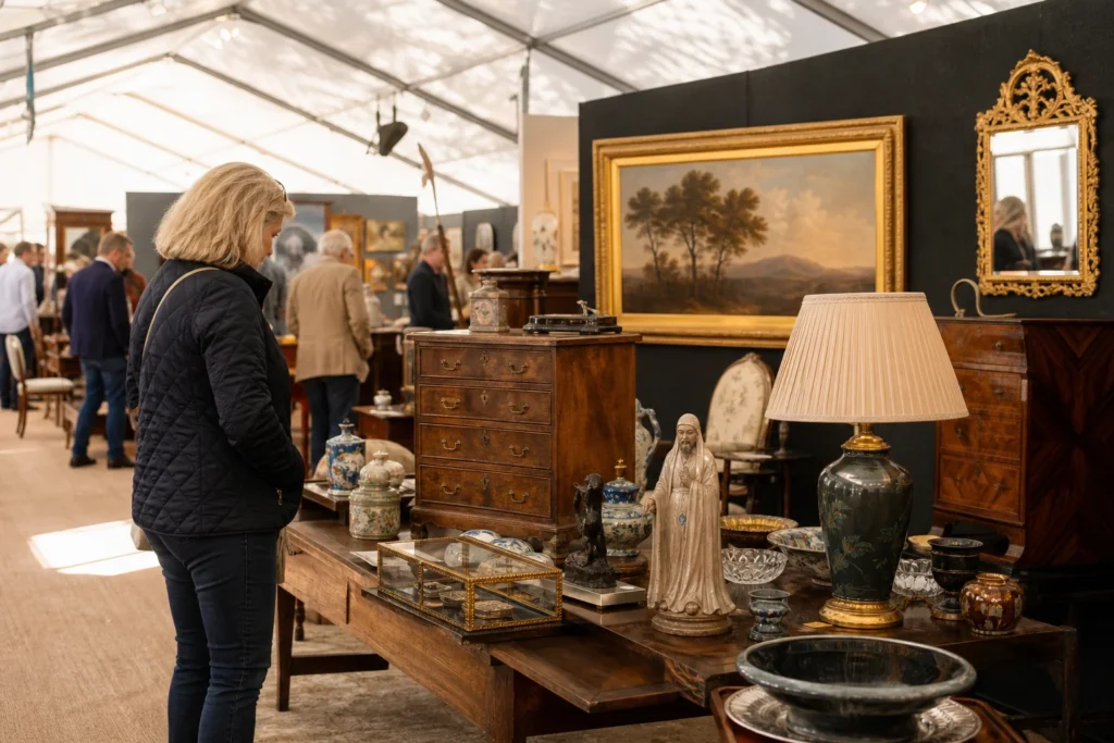 shoppers browsing antique and vintage market stalls at The Cotswolds Decorative, Antiques and Art Fair in United Kingdom